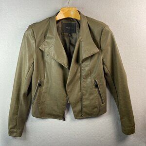 Marc New York Jacket Women Size Medium Biker Faux Leather Olive Moto Windbreaker